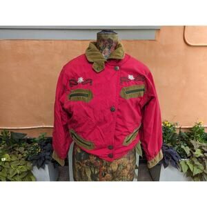 1980s Vintage Willy Bogner Modell Embroidered Ski Jacket Red Cropped S/M